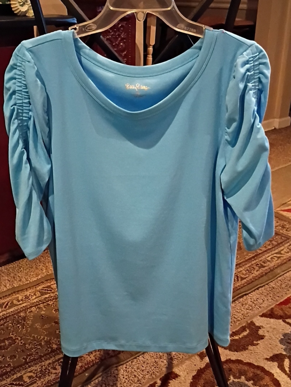 Lilly Pulitzer Lunar Blue Beldin Knit Top with Ruched Sleeves